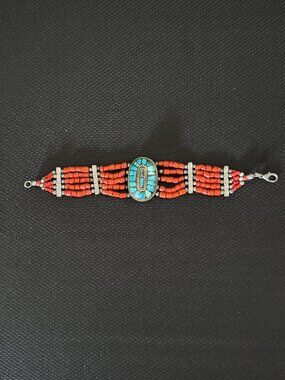 Vintage Native American Coral & Turquoise Mosaic Cluster Bracelet